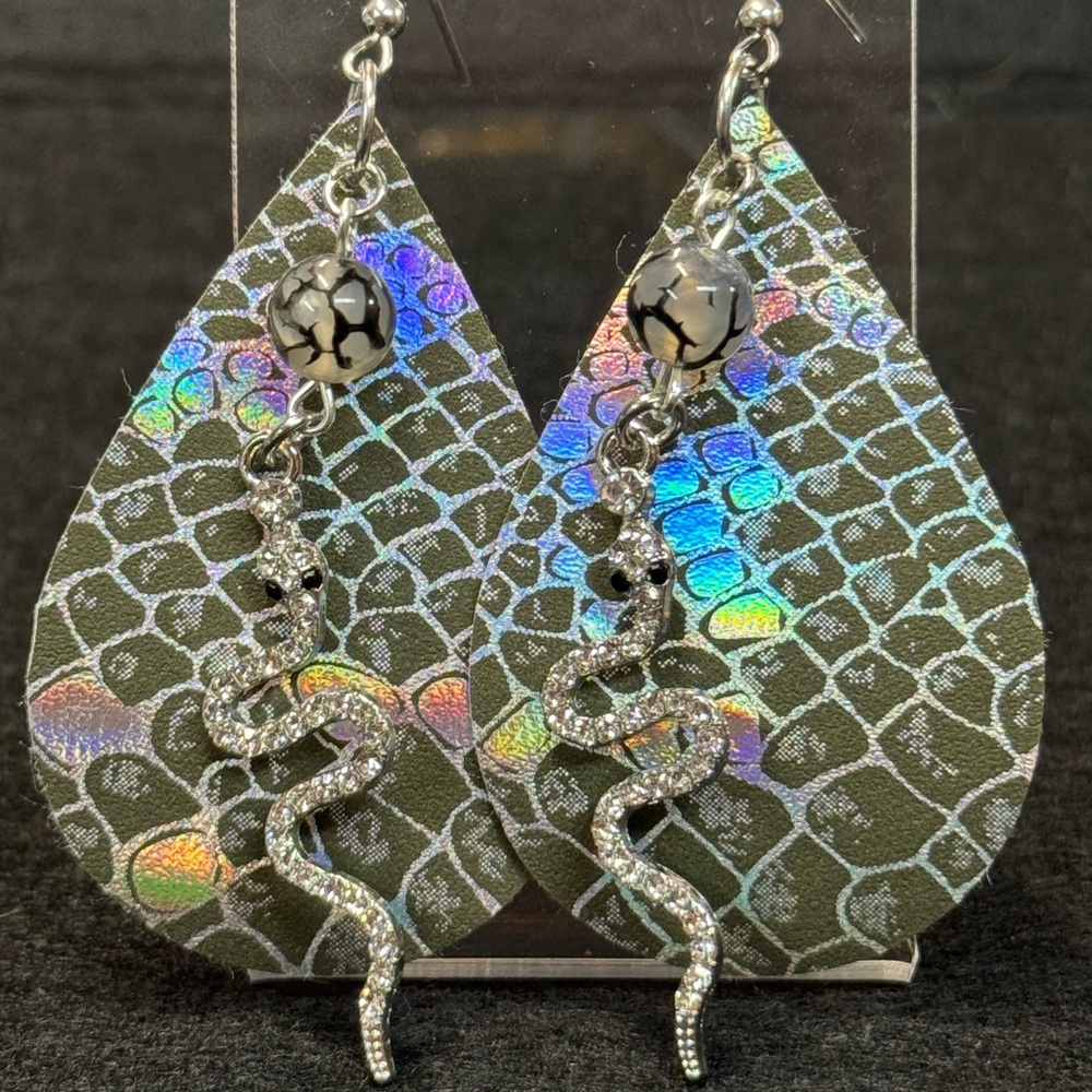 Handmade reptile skin printed faux leather earrings with rattlesnake charms